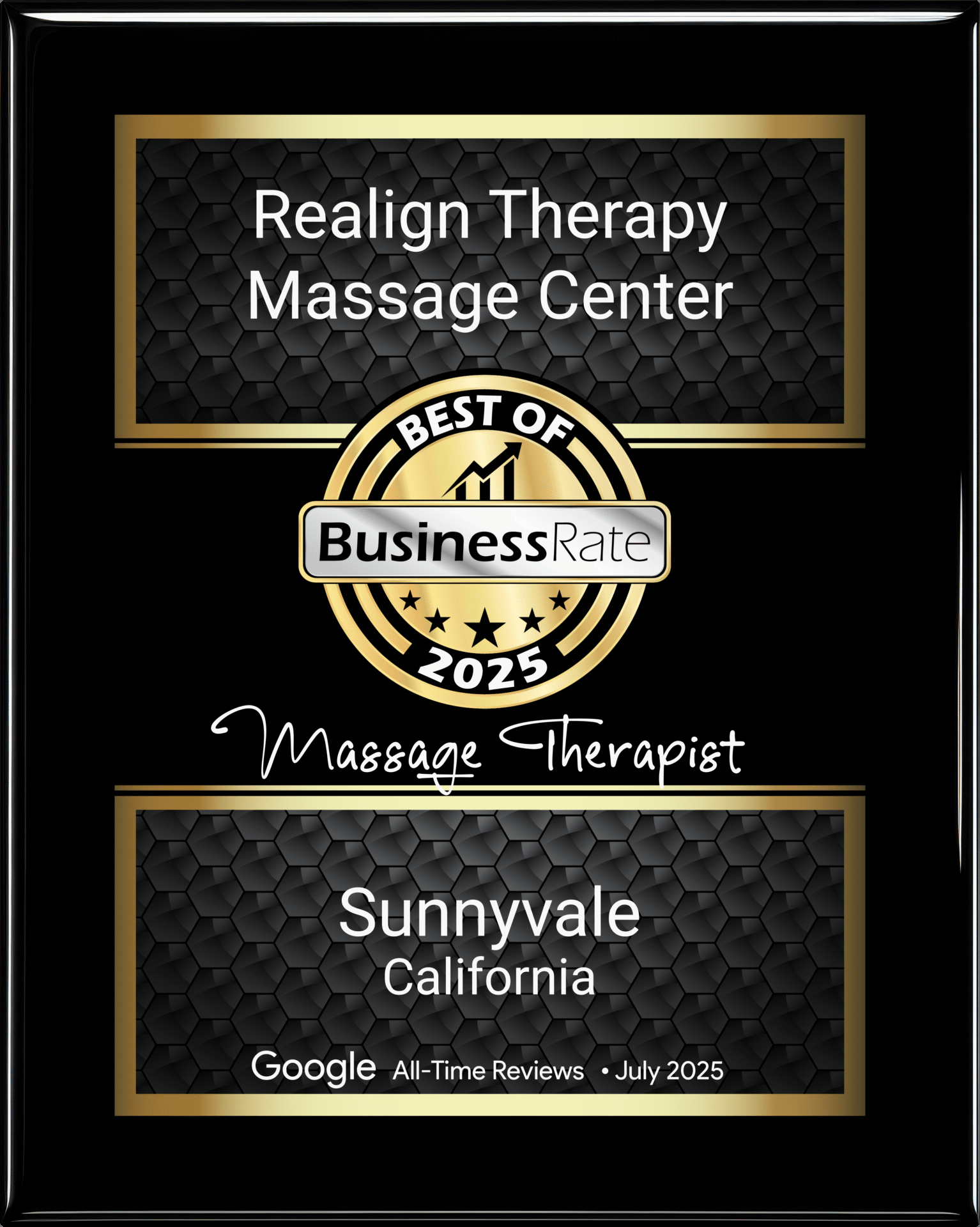 Award plaque for Realign Therapy Massage Center.